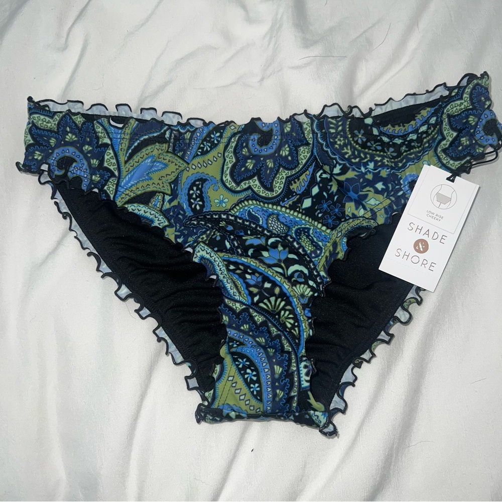 Blue/green paisley ruffle bikini bottoms